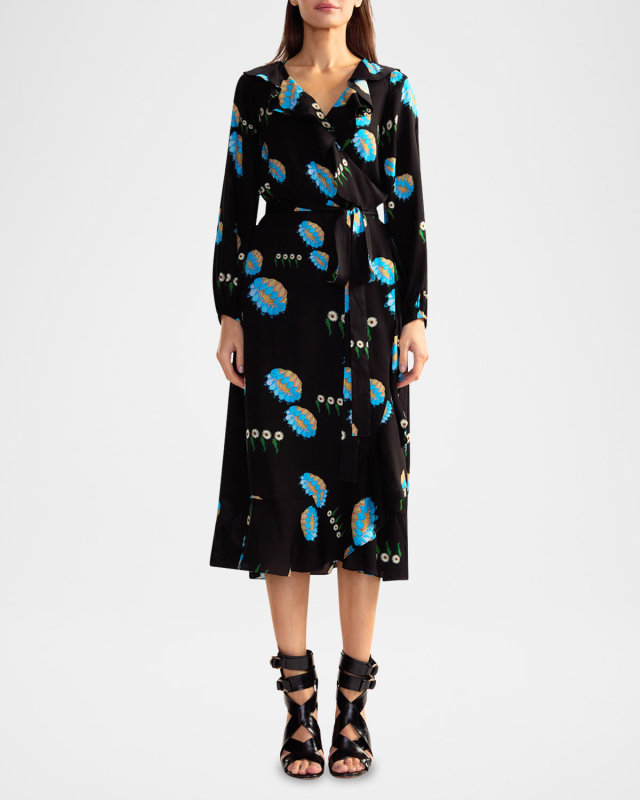 Floral-Print Ruffle Midi Wrap Dress